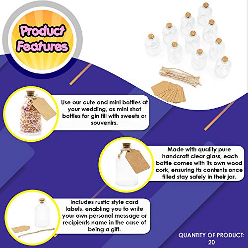 20 Mini Botellas con Corcho | Frascos de Vidrio con Etiquetas Adjuntas de 50 ml | Botella Cristal Pequeño Ideal para Regalos de Decoración de Bodas | Perfecto para Rellenar Licor Dulces Y Golosinas