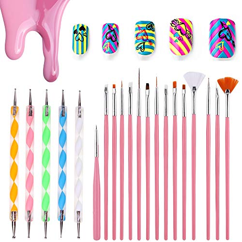 20 pcs Sets de Uñas Pinceles Nail Art Cepillo de Uñas Diseños Para Uñas Pincele Acrilicas Nail Art Cepillo Manicura de Pinceles para Diseño de Uñas 15 pz Blanco Pinceles 5 pz Pluma Taladro