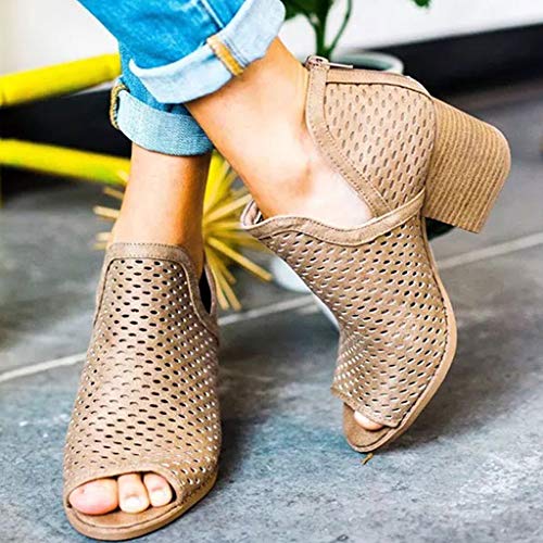 2019 Sandalias Romanas Para Mujer, Botines De Tacón Alto Ancho De Vestir Hollow Zapato Solo Peep-Toe De Boda Fiesta Con Cremallera Zapatillas De Verano Primavera Mocasines(Marron, 41)