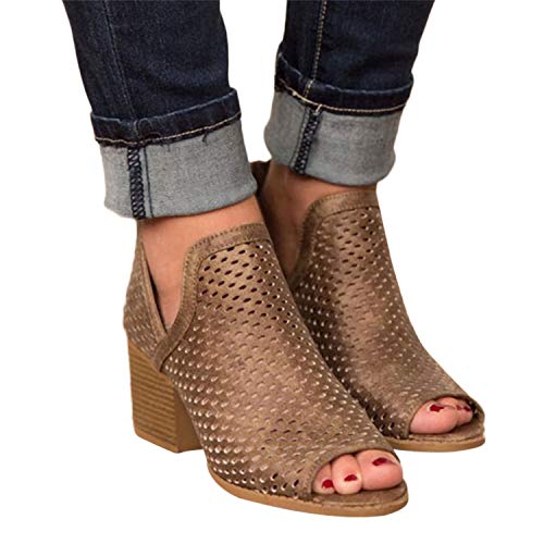 2019 Sandalias Romanas Para Mujer, Botines De Tacón Alto Ancho De Vestir Hollow Zapato Solo Peep-Toe De Boda Fiesta Con Cremallera Zapatillas De Verano Primavera Mocasines(Marron, 41)