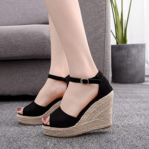2019 Verano Sandalias Romanas Mujer, Zapato Peep-Toe Con Plataforma Cuña Alpargatas Zapatillas De Boda Fiesta Sandalias De Vestir De Talla Grande 33-44 EU(Negro, 37 EU)