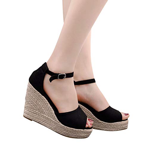 2019 Verano Sandalias Romanas Mujer, Zapato Peep-Toe Con Plataforma Cuña Alpargatas Zapatillas De Boda Fiesta Sandalias De Vestir De Talla Grande 33-44 EU(Negro, 37 EU)