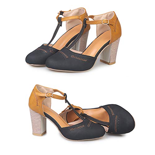 2019 Zapatos De Tacón Alto Ancho, Sandalias De Vestir En Contraste Punta Redonda Zapatillas con Hebillas Sandalias Romanas De Boda Fiesta De Baile Elegante Chic De Verano Primavera 35-43 (Negro1, 39)