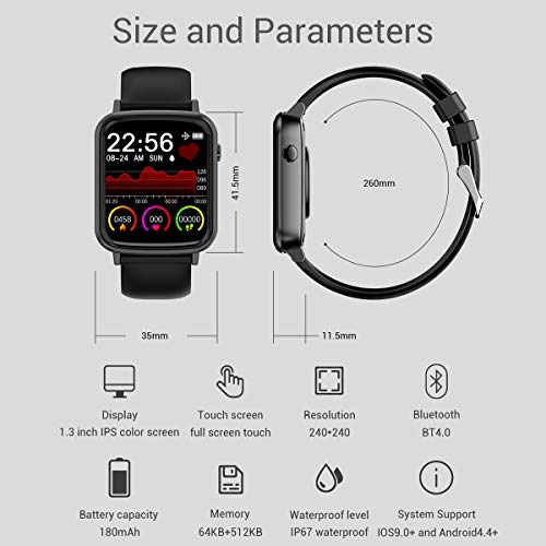 2020 Cegar Rastreador de Ejercicios, Reloj Inteligente de Frecuencia Cardíaca, Ip68 Bluetooth a Prueba de Agua Reloj Inteligente para Teléfono Android iOS Hombres Mujeres (Negro)