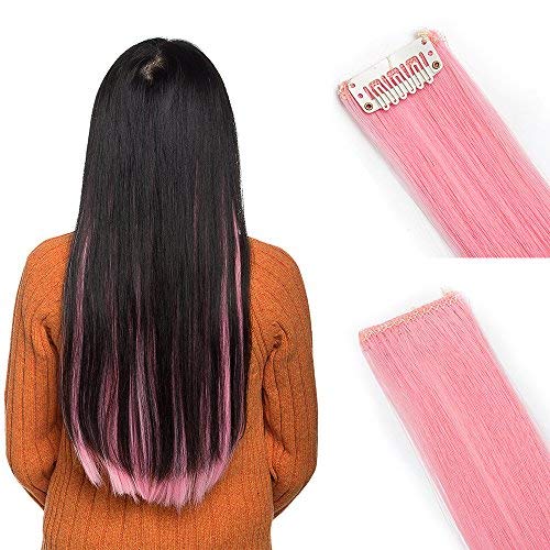 22"(55cm) Extensiones de Cabello Clip Mechas de Colores Fantasía 10 Tiras/Set Pelo Sintético Natural para Niñas Muñecas Postizos Pelucas Accesorios Liso (100g,Rosa Oscuro)