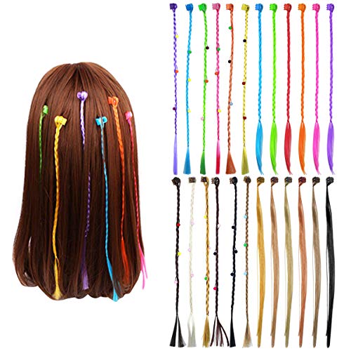 24 Piezas Neón Extensiones Colores Niña, Extensión de Cabello Trenzas Postizas Accesorios de Peinado de Cabello con Mini Clips de Pelo para Cosplay El Rendimiento Escolar Fiesta de Baile