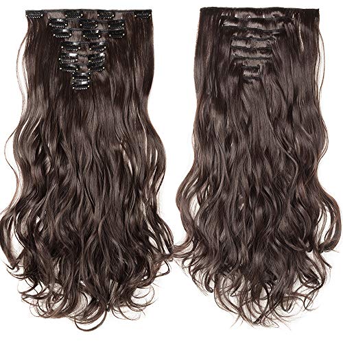 24"(60cm) Extensiones de Clip de Pelo Sintético Se Ve Natural 8PCS [Castaño Oscuro] Cabello Rizado Ondulado Largo Postizos Pelucas para Mujer (140g)