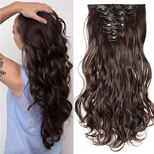 24"(60cm) Extensiones de Clip de Pelo Sintético Se Ve Natural 8PCS [Castaño Oscuro] Cabello Rizado Ondulado Largo Postizos Pelucas para Mujer (140g)