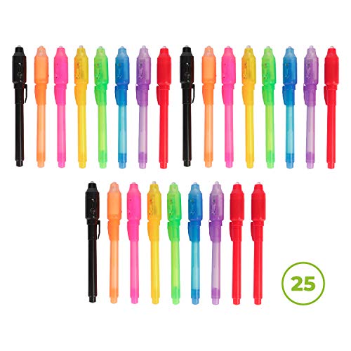 25 rotuladores mágicos con tinta invisible y luz ultravioleta. Bolígrafo con linterna para mensajes secretos. Lápiz mágico. Regalo para niños. Boli espía para notas ocultas. Invisible Ink Pen.