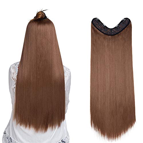 26"(65cm) Extensiones de Cabello Clip [Una Pieza 4 Clips] Pelo Sintético Se Ve Natural [Castaño Claro] -con el Diseño de la Parte U- Pelucas Postizos Lisos (180g)