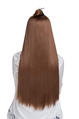 26"(65cm) Extensiones de Cabello Clip [Una Pieza 4 Clips] Pelo Sintético Se Ve Natural [Castaño Claro] -con el Diseño de la Parte U- Pelucas Postizos Lisos (180g)