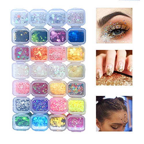 28 Cajas Brillantes Para Uñas Purpurina Maquillaje Chunky Glitter Brillos para Cuerpo Festivales Glitter Paillette Brillante Decoración para Pelo Arte, Uñas y Mejilla