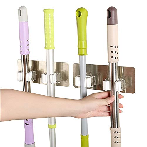 2pcs Puerta de Pared de Escoba Escoba Soporte de Auta-adhesivo Colgador y Organizador Escobas Cepillos y Herramientas Gran Carga Instalación Fácil No-rastro Sin Perforación