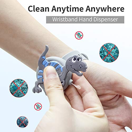 2PCS Unicornio Pulsera Dispensadora de Gel con Apriete La Botella,Silicona Portátil Pulsera Dispensador de Mano para Viajes,Escuela,Acampada Al Aire Libre (Dinosaurio)