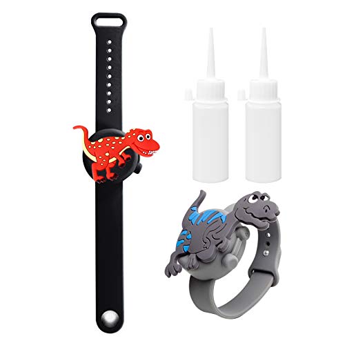 2PCS Unicornio Pulsera Dispensadora de Gel con Apriete La Botella,Silicona Portátil Pulsera Dispensador de Mano para Viajes,Escuela,Acampada Al Aire Libre (Dinosaurio)