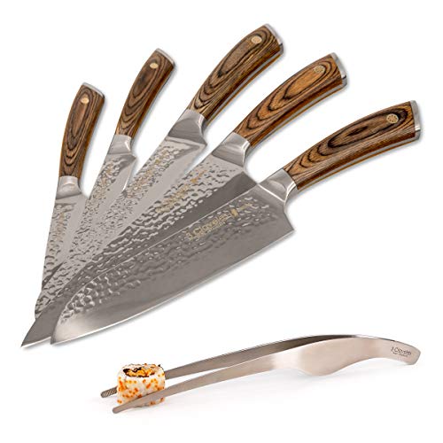 3 Claveles Juego de 5 Cuchillos Profesionales con Hoja Martilleada, Gama Sakura, Selección Master Chef, Incluye Regalo