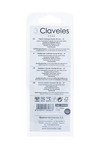 3 Claveles Tijeras curvas cutículas con punta delgada y afilada, 10 cm - 4", Brillo (28086)