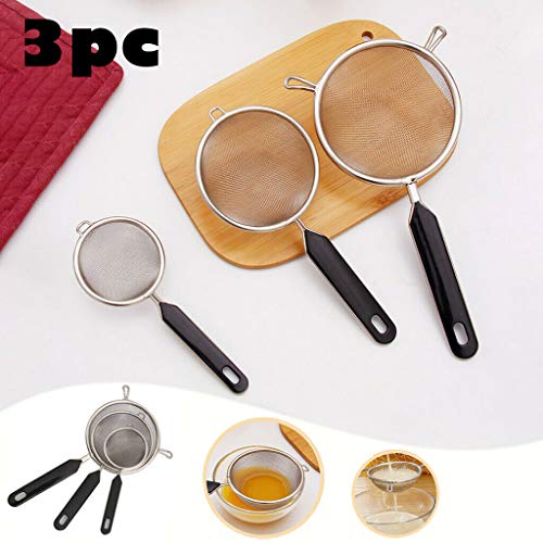 3 coladores de malla de alambre fino de acero inoxidable con fugas, colador de cocina para alimentos con mango aislado, filtro de jugo de harina densificada