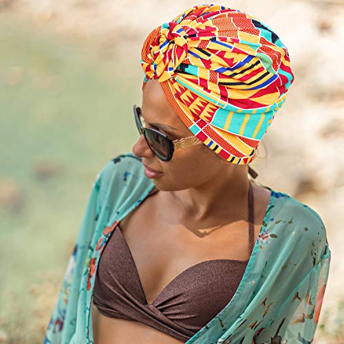 3 Piezas Turbantes Africano para Mujer Gorro de Nudo Pre-Atado Envoltura de Cabeza(Negro Naranja Rosa Geometría)