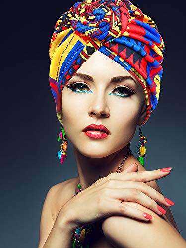 3 Piezas Turbantes Africano para Mujer Gorro de Nudo Pre-Atado Envoltura de Cabeza(Negro Naranja Rosa Geometría)