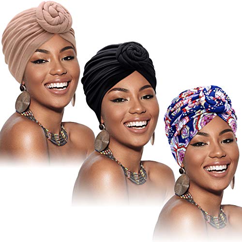 3 Piezas Turbantes Africanos para Mujer Gorro de Nudo Preatado Envoltura de Cabeza Gorra Beanie (Negro, Flor Azul, Caqui)