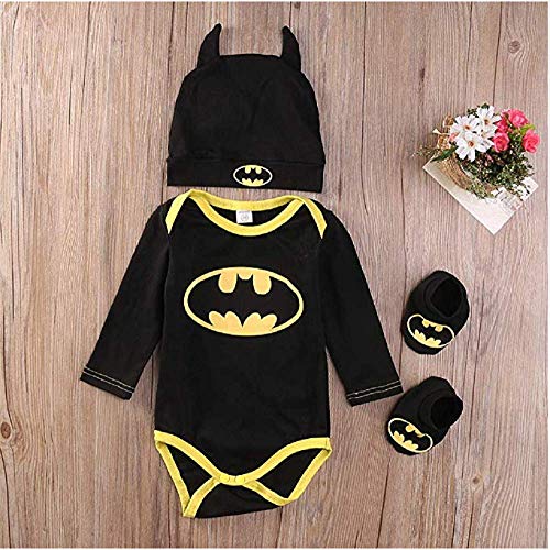 3 Unids Ropa Bebe Verano BEB¨¦S Reci¨¦N Nacidos Bebe Ni?Os Batman Mamelucos Zapatos Trajes De Sombrero Ropa Set BEB¨¦ Fresco Traje De Tela De Batman (Negra B, 70(0-6 Meses))