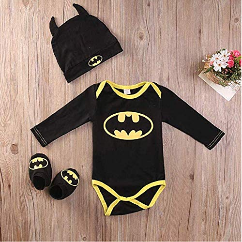 3 Unids Ropa Bebe Verano BEB¨¦S Reci¨¦N Nacidos Bebe Ni?Os Batman Mamelucos Zapatos Trajes De Sombrero Ropa Set BEB¨¦ Fresco Traje De Tela De Batman (Negra B, 70(0-6 Meses))