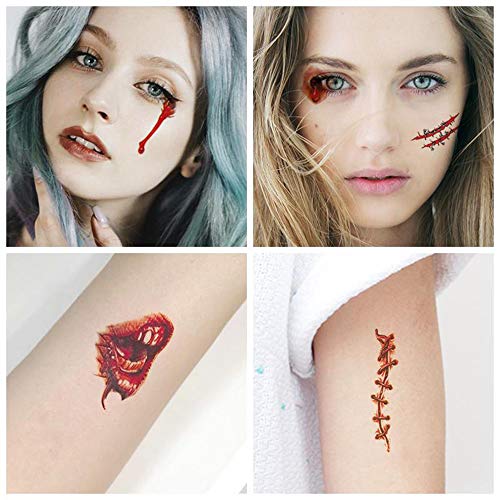 30 hojas de tatuajes temporales de Halloween pegatinas de araña falsa herida sangrienta zombie cicatrices tatuajes pegatinas para disfraz de Cosplay o fiesta de Halloween