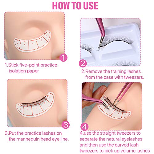 30 Pares de Pestañas de Entrenamiento Pestañas Adhesivas de Práctica para Extensión, 2 Pinzas de Acero Inoxidable, 70 Pares de Pegatinas de Almohadilla de Posicionamiento debajo de Ojo