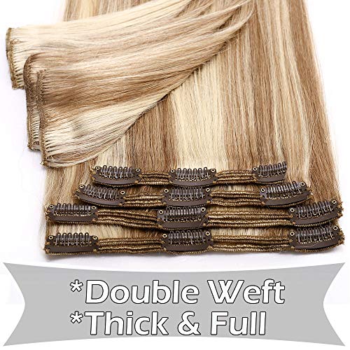 30cm - Extensiones de Cabello Natural Clips Double Weft 【Max Gruesa】 100% Remy Human Hair Pelo Humano 8 Piezas 18 Clip- [12P613# Marrón Dorado y Blanqueador Oscuro,115g]