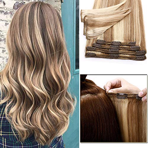 30cm - Extensiones de Cabello Natural Clips Double Weft 【Max Gruesa】 100% Remy Human Hair Pelo Humano 8 Piezas 18 Clip- [12P613# Marrón Dorado y Blanqueador Oscuro,115g]