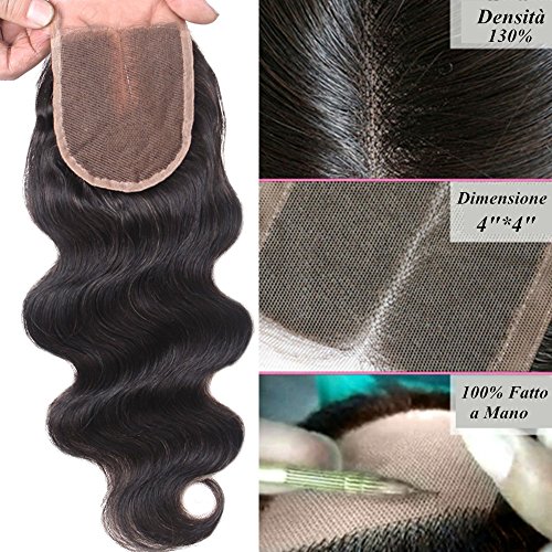 4 * 4 Lace Frontal Frente de Encaje con Cierre Closure Body Wave Extensiones de Cabello Natural Peluca Mujer -40cm, 35g, 1B Negro Natural