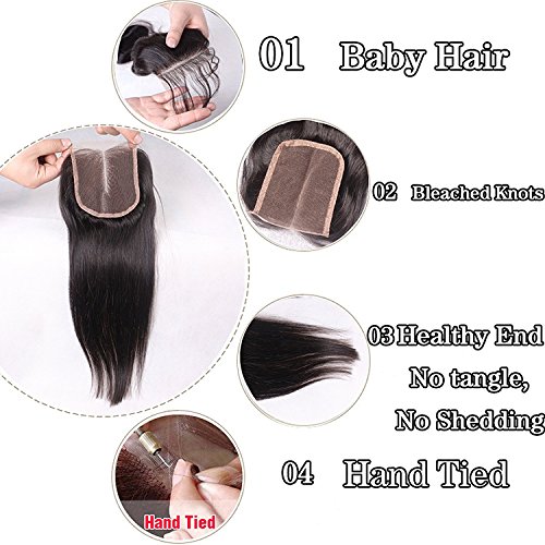 4 * 4 Lace Frontal Liso Frente de Encaje con Cierre Closure Extensiones de Cabello Natural Peluca Mujer -35cm, 30g, 1B Negro Natural