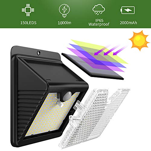【4 Paquete】Luz Solar Exterior 150 LED, Trswyop Foco Solar Exterior con 120 ° Gran Angular Sensor de Movimiento Lámpara Solar Inalámbricas Impermeable Para Jardín, Garaje [ Clase Energética A+++ ]