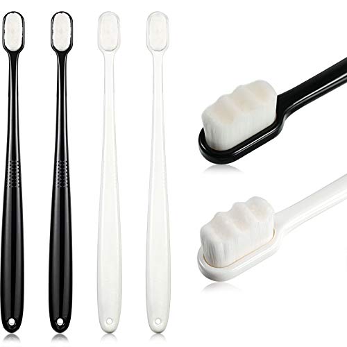 4 Piezas Cepillos de Dientes Manuales Suaves de Micro Nano Cepillo de Dientes de Cerdas Extra Suaves con 20,000 Cerdas para Encías Frágiles Niños Adultos (Negro y Blanco Suave)