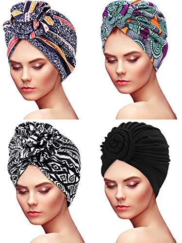 4 Piezas de Turbante de Mujeres Gorro de Dormir de Nudo con Patrón Africano Gorra Preatada (Bohemian Style)