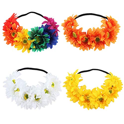 4 Piezas diadema flores Flor corona diadema corona Colorido Artificial Sun Flor de la venda Boho de las mujeres Flor Festival de la boda Guirnalda Accesorios del casco para la mujer niña