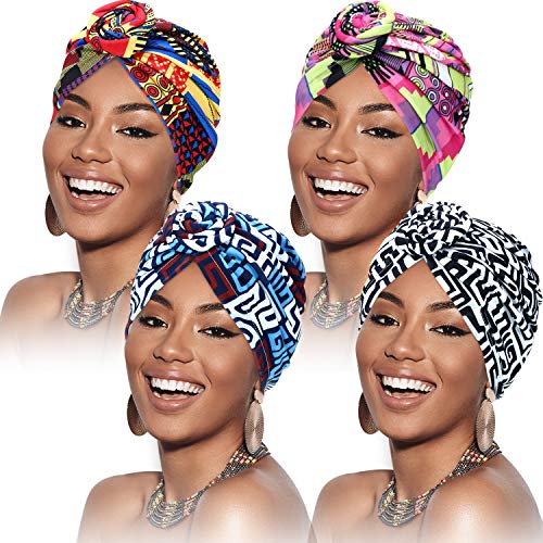 4 Piezas Envolturas de Cabeza de Patrón Africano Gorro Preatado Gorro Turbante Nudo (Geometria BLU Rosa Nera Colorata)