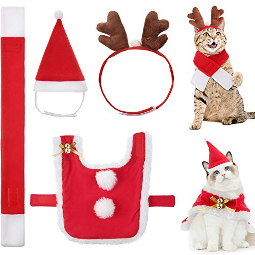 4 Piezas Trajes de Disfraz de Navidad de Mascotas Ropa de Gato Ajustable Sombrero de Navidad de Santa de Disfraz de Gato y Bufanda Sombrero de Asta de Reno para Disfraz Fiesta Navidad