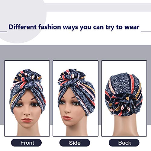 4 Piezas Turbantes para Mujeres Pañuelo de Cabeza de Nudo Pre-atado Suave Envoltura Turbante con Patrón Africano
