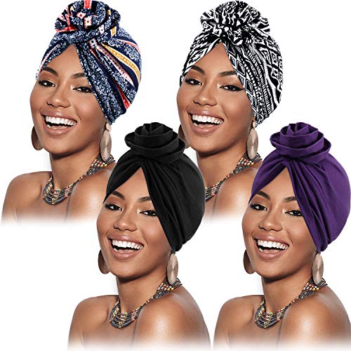 4 Piezas Turbantes para Mujeres Pañuelo de Cabeza de Nudo Pre-atado Suave Envoltura Turbante con Patrón Africano