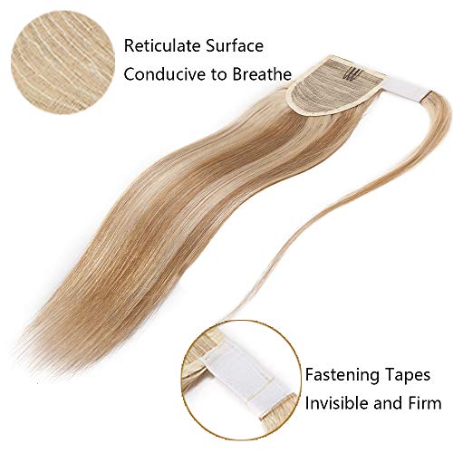 40cm - Extensiones Coleta de Cabello Pelo Natural Humano 80g Remy Human Hair Extension Ponytail Clip - 12P613# Marrón Dorado y Blanqueador Oscuro