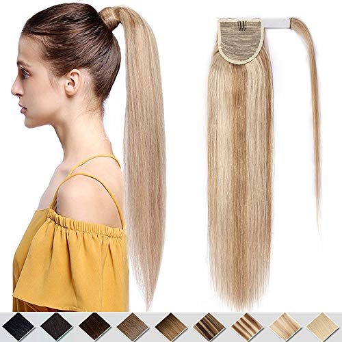 40cm - Extensiones Coleta de Cabello Pelo Natural Humano 80g Remy Human Hair Extension Ponytail Clip - 12P613# Marrón Dorado y Blanqueador Oscuro