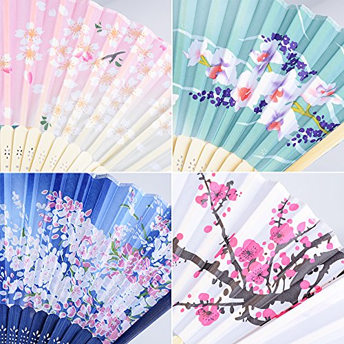 4pcs Abanicos de Mano Mujer Boda Plegables Blanco Rosa Azul Verde con Patrones Distintos Regalo Recuerdo Detalle para Novia Invitados Boda Fiesta Baile Arte Bambú Telas (38 x21cm)