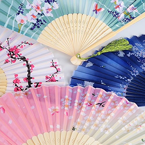 4pcs Abanicos de Mano Mujer Boda Plegables Blanco Rosa Azul Verde con Patrones Distintos Regalo Recuerdo Detalle para Novia Invitados Boda Fiesta Baile Arte Bambú Telas (38 x21cm)