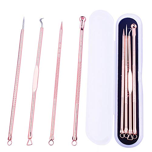 4PCS / SET Kit de 4 piezas para Quitar Puntos Negros, Acero Inoxidable Quita Espinillas Extractor Limpiador Juego de Kit Blackhead Remover para Acné Punto Negro (oro rosa)