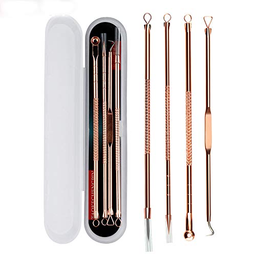 4PCS / SET Kit de 4 piezas para Quitar Puntos Negros, Acero Inoxidable Quita Espinillas Extractor Limpiador Juego de Kit Blackhead Remover para Acné Punto Negro (oro rosa)