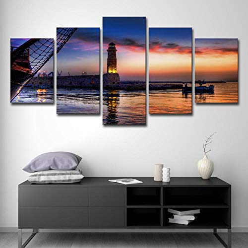 5 Panel para decoración de hogar moderno pared arte pintura fotos Prints en lienzo la Decor aceite - Atalaya al anochecer (340x150 cm / 134x59 pulgadas) Listo para colgar