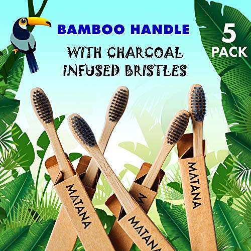 5 Premium Cepillos de Dientes de Bambú, Niños| Blanqueamiento de Dientes Naturales Cepillos de Madera| Ecológico, 100% Biodegradable y Sin BPA| Cerdas Suaves Infundidas de Carbón.