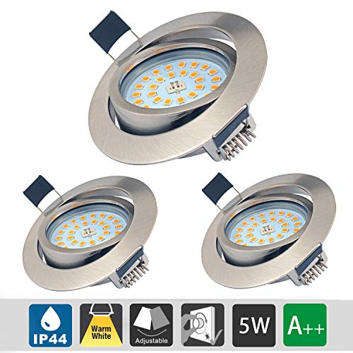 5W LED Empotrable Foco de Techo LED IP44 3000K Blancos Cálidos, Regulable,Iluminación para baño, Cocina, Recibidor, Oficina, Luz de techo rasante, Lámpara de techo para baño (3 piezas)